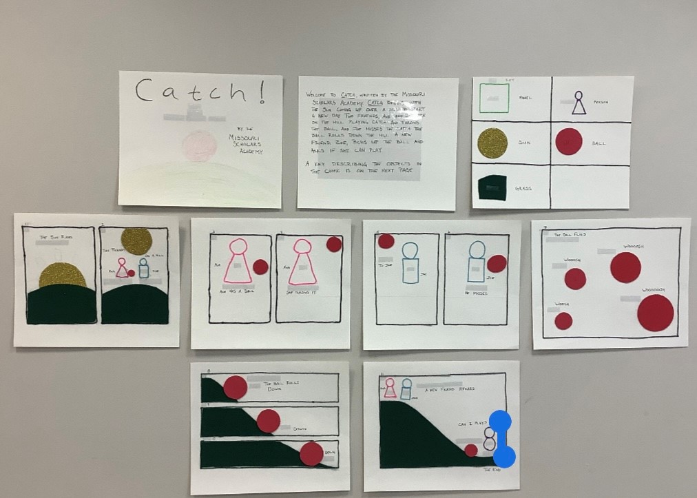 A comic strip with 9 frames. Each frame is made up of a piece of Braille paper. The comic strip features people playing with a red ball. All characters are displayed with raised lines and the red ball is displayed with rubber material. Each frame has Braille description.