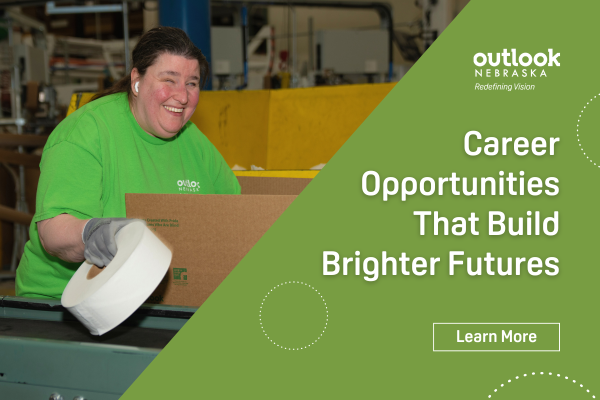 Terra is packing toilet paper on the manufacturing floor. "Career Opportunities That Build Brighter Futures - Learn More."